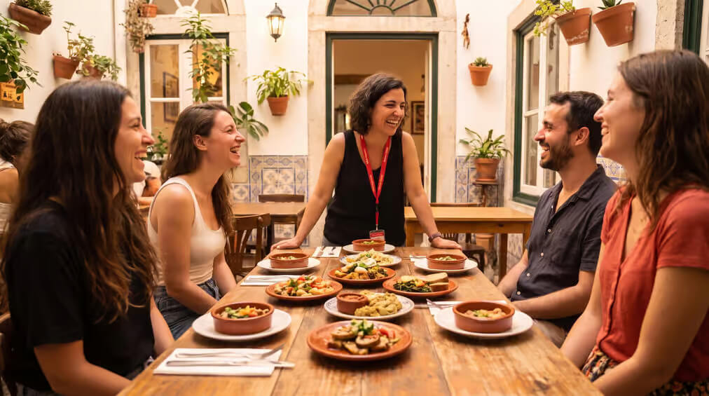 Pessoas a desfrutarem de um passeio a pé vegano